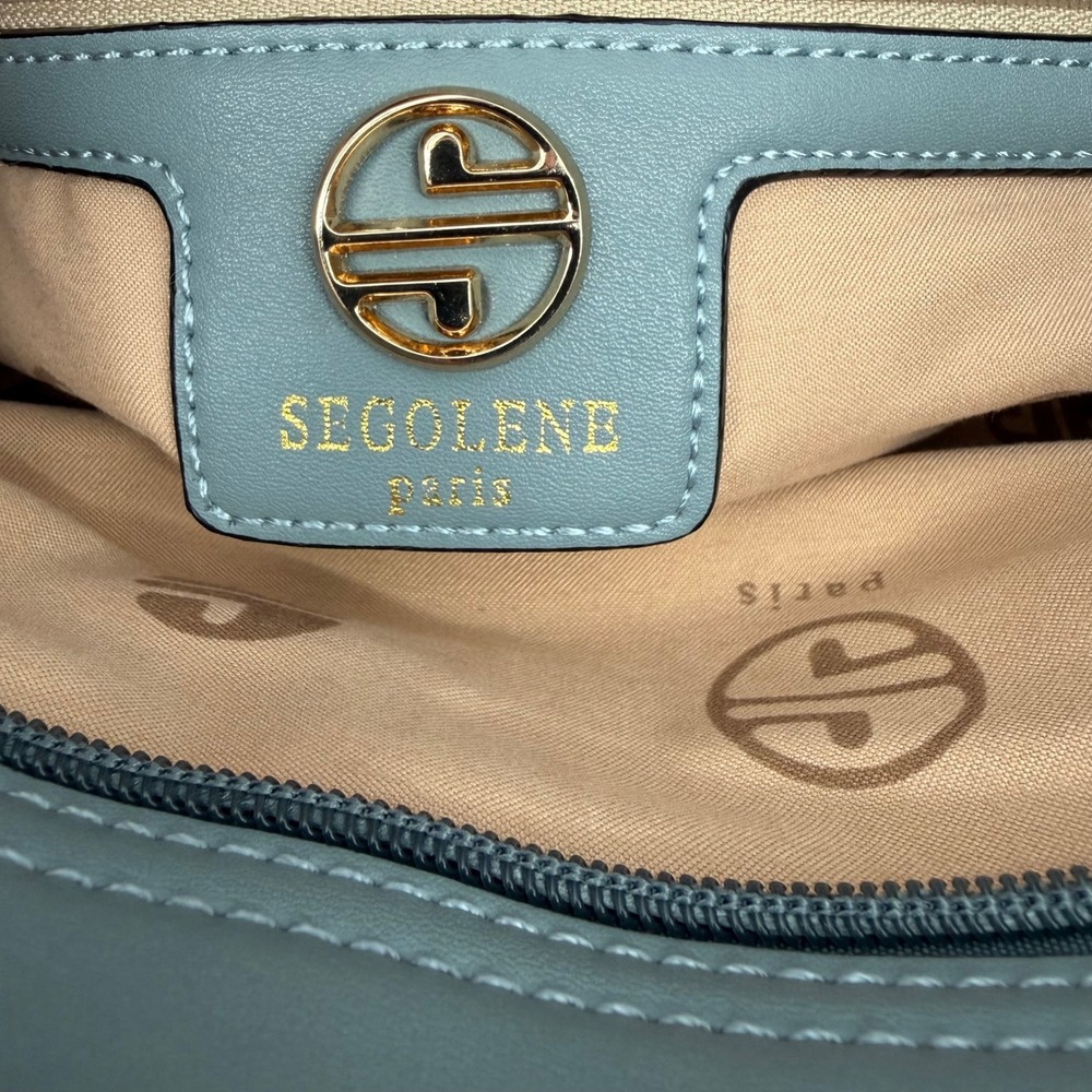 Segolene Paris Blue Grey Chevron Quilted Satchel Handbag Gold Hardware Large - Picture 4 of 8